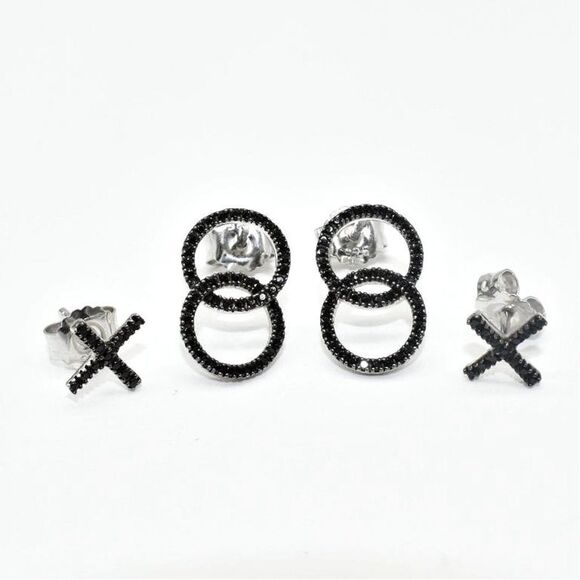 New Black Spinel Xs And Os Rhodium Plated Earrings - Picture 5 of 5